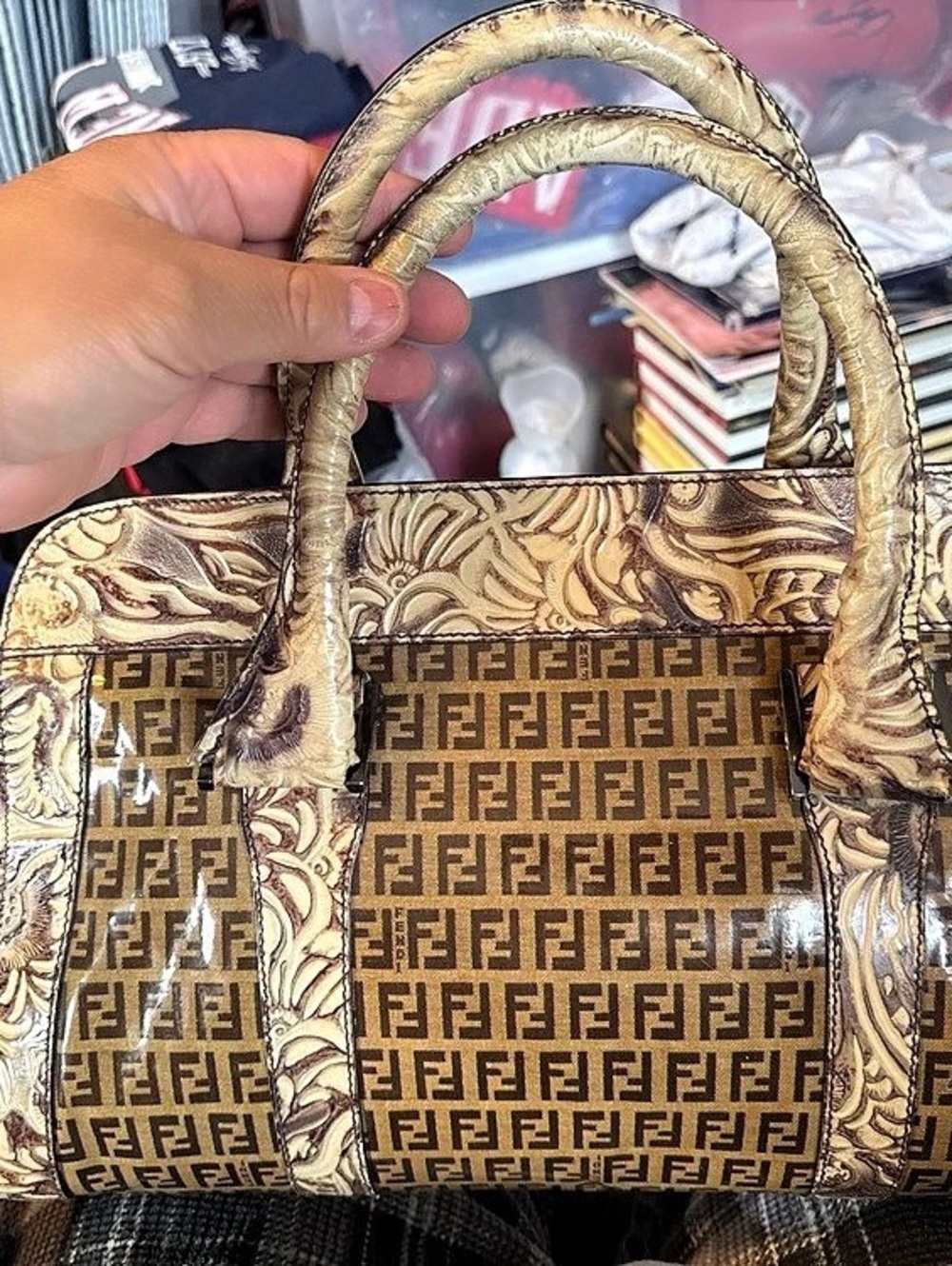 Fendi Zucca Canvas and Tooled Leather Boston Bag Brown & Gold